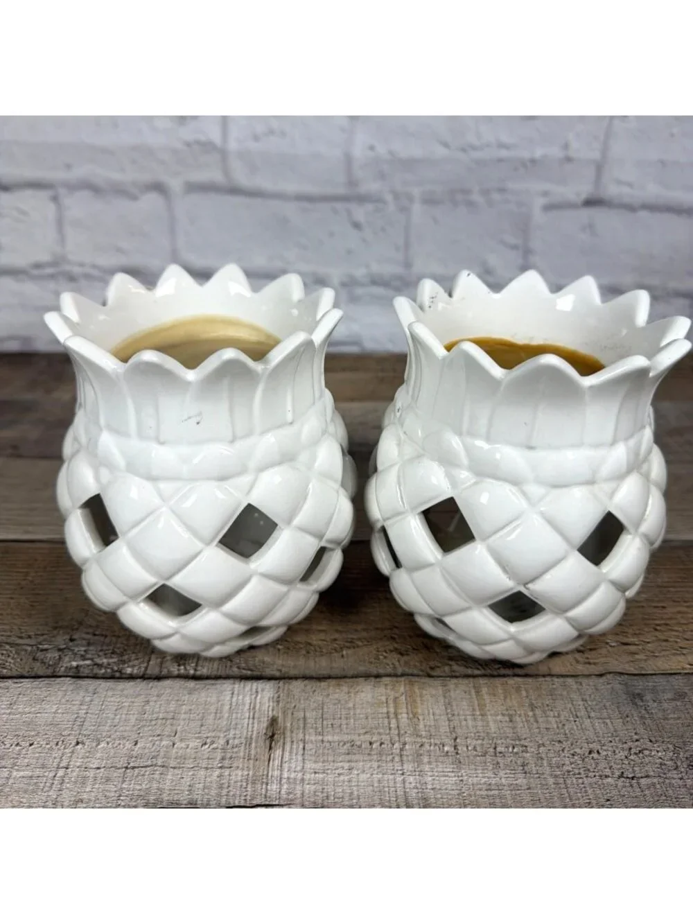 Bath & Body Works Pair Ceramic Pineapple Set Of 2 Candle Holders Oil Wax Warmer